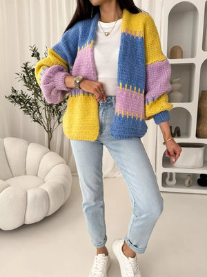 Pastel Harmony Open Front Cardigan with balloon sleeves in yellow, blue, and pink colorblock.