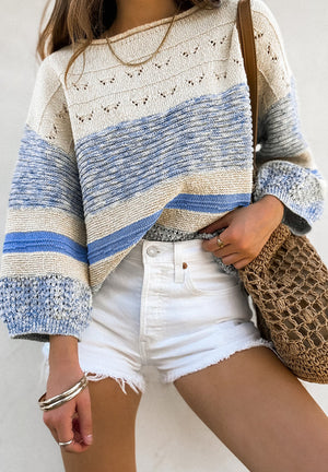 Striped knit sweater with eyelet yoke in light blue and cream, featuring a relaxed fit and 3/4 sleeves.