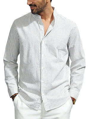 Men's white and black striped long sleeve shirt with band collar and button front.