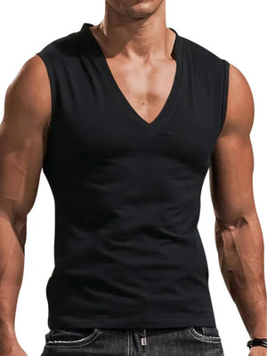 Black V-neck muscle tank top with a sculpted fit.