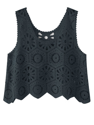 Dark Gray crochet medallion tank top with scalloped hem and cutout detail at neckline.