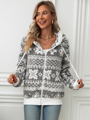 Gray Fair Isle fleece zip-up hoodie with white snowflake pattern and sherpa-lined hood.