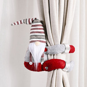 Whimsical gnome curtain tie-backs in red and gray with striped hat and white beard.