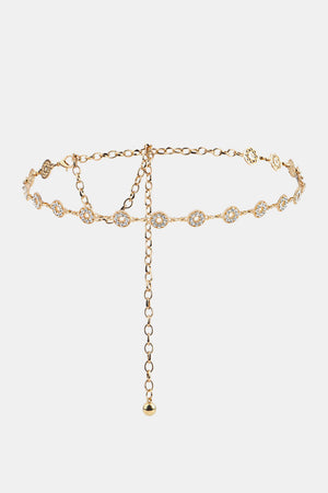 Gold chainmail belt with crystal-embellished oval links and a dangling chain with a ball end.