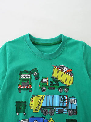 Green cotton t-shirt with playful vehicle graphics for toddlers.