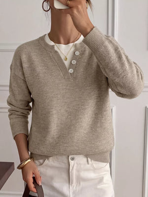 Dropped Shoulder Long Sleeve Sweater in Khaki, back view