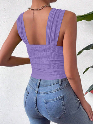 Lavender crinkle strap crop top with ruched texture and square neckline.