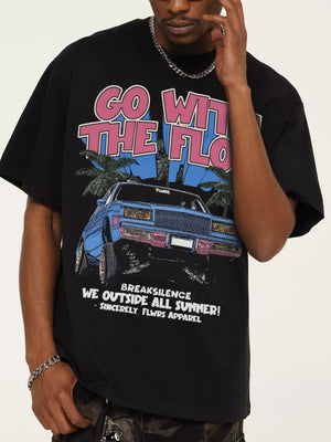 Black cotton graphic tee with vintage car and palm tree print.