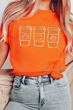 Embroidered Fall Drinks Round Neck Tee in Tangerine, back view