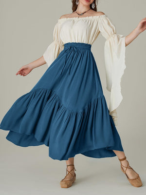 Tiered midi skirt in deep teal with asymmetrical hemline and drawstring waist.