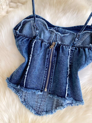 Denim cami with raw hem and front zipper detail
