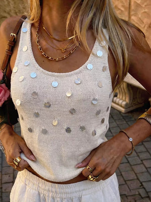Sequin Scoop Neck Tank in Beige, close-up detail