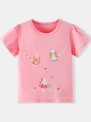 Pink cotton t-shirt with whimsical fairy print and puff sleeves.