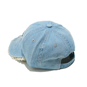 Light blue denim baseball cap with puppy appliqué and lace trim
