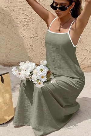 Spaghetti Strap Maxi Dress With Contrast Trim in Matcha Green, model styling view