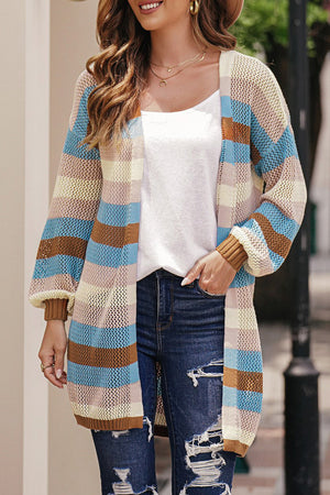 Multicolor horizontal stripe open knit duster cardigan with balloon sleeves.
