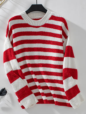 Bold stripe crewneck sweater in red and white knit with ribbed neckline and cuffs.