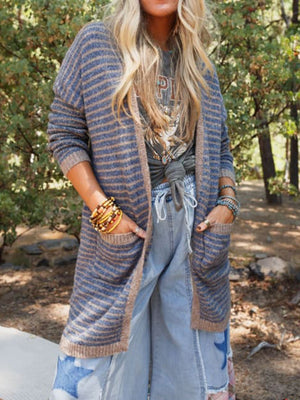 Coastal Stripe Knit Cardigan in Dusty Blue with brown trim and pockets.