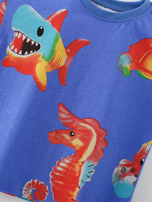 Toddler blue crew neck t-shirt with whimsical ocean creature print.