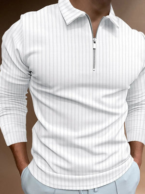 White textured zip-neck polo with vertical stripes and long sleeves.