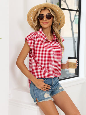 Plaid Button Up Cap Sleeve Shirt in Blue, side view