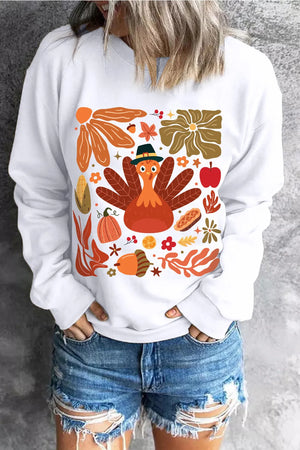 White round neck sweater with a playful Thanksgiving turkey and fall graphic print.
