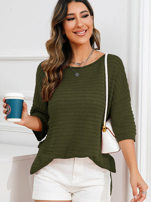 Army green textured knit sweater with boat neck and slit hem