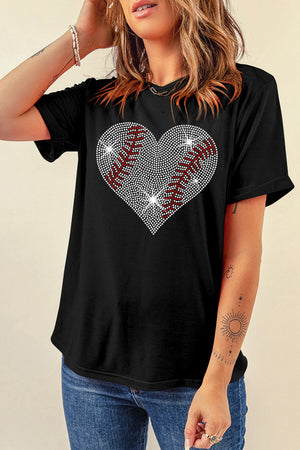 Black cotton t-shirt with a rhinestone baseball heart graphic