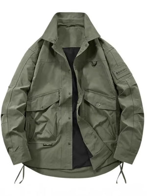 Oversized Army Green Cargo Jacket with multiple pockets and drawstring hem.