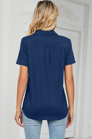 Dark Blue V-neck polo tee with short sleeves and a back yoke detail.