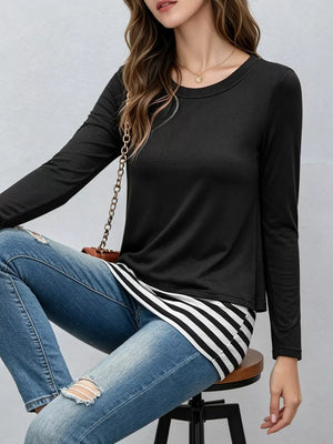 Layered Crew Neck Long Sleeve Striped T-shirt in Light Gray, view 13