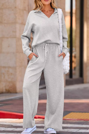 Solid Color V Neck Top And High Waist Pants Set, front view