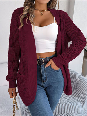 Wine textured knit open-front cocoon cardigan with pockets, acrylic.