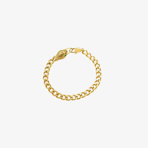 Gold serpentine chain bracelet with a green-eyed snake head clasp.