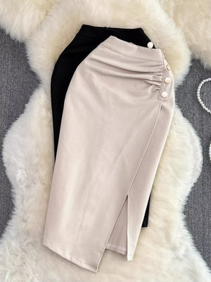 Ruched Slit Skirt in Apricot, close-up detail