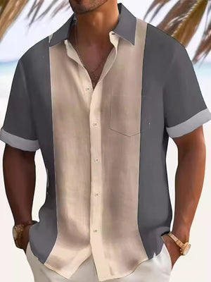 Men's short sleeve button-down shirt in gray and beige color block cotton with chest pocket.