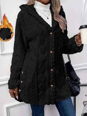 Black hooded teddy trench coat with diamond pattern and gold button detail