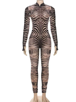 Print bodycon jumpsuit with zebra pattern, mock neck, and long sleeves.