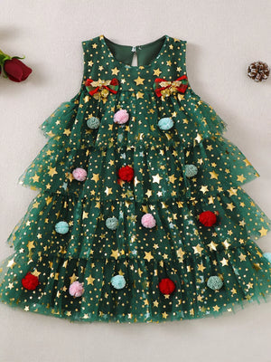 Green star print tulle dress with pom-poms and bows