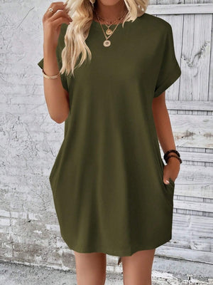 Army green relaxed tee dress with cuffed sleeves and pockets