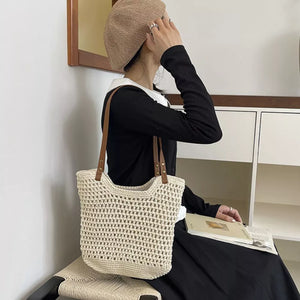 Crochet Knit Shoulder Bag in Cream White, model styling view