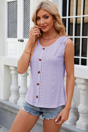 Lavender eyelet button-down tank top with tie shoulders
