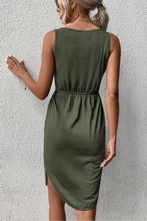 Army green sleeveless dress with drawstring waist and asymmetric hem