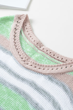 Open-shoulder knit pullover with stripes in gum leaf, featuring a boatneck and decorative trim.