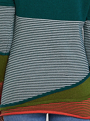 Colorblock henley stripe knit shirt with horizontal stripes and asymmetrical color paneling.