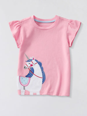 Pink baby t-shirt with ruffle sleeves and a white unicorn applique.
