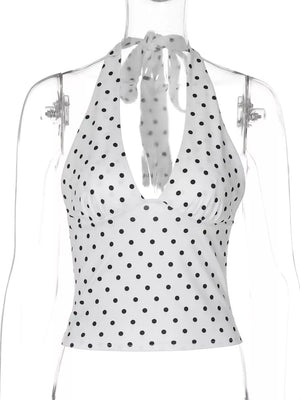 White polka dot halter cami with tie neck, polyester fabric