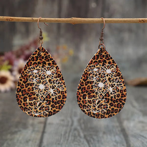 Brown leopard floral laser-cut teardrop earrings with alloy hooks