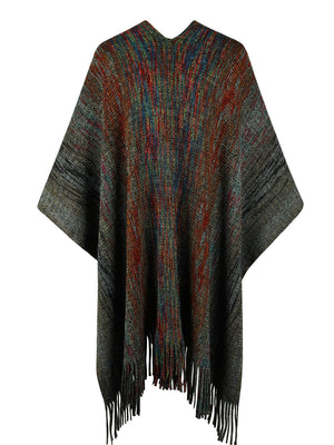 Knit wrap coat with multicolor yarn and fringe detail