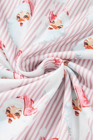 Santa Stripe Lounge Set in blush pink with Santa Claus print and pink stripes.